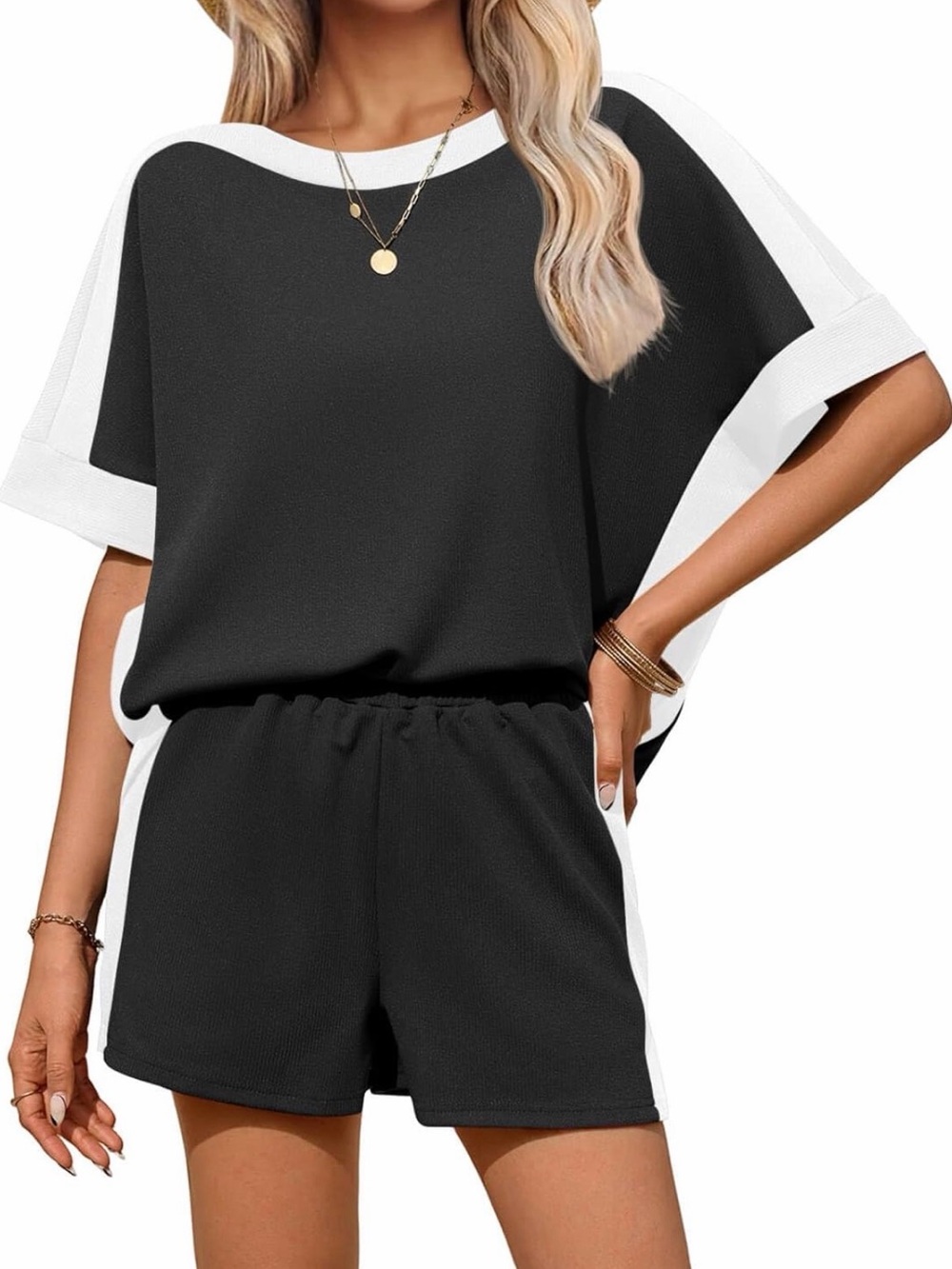 Casual Two-Tone Black & White Relaxed Women's Shorts Set